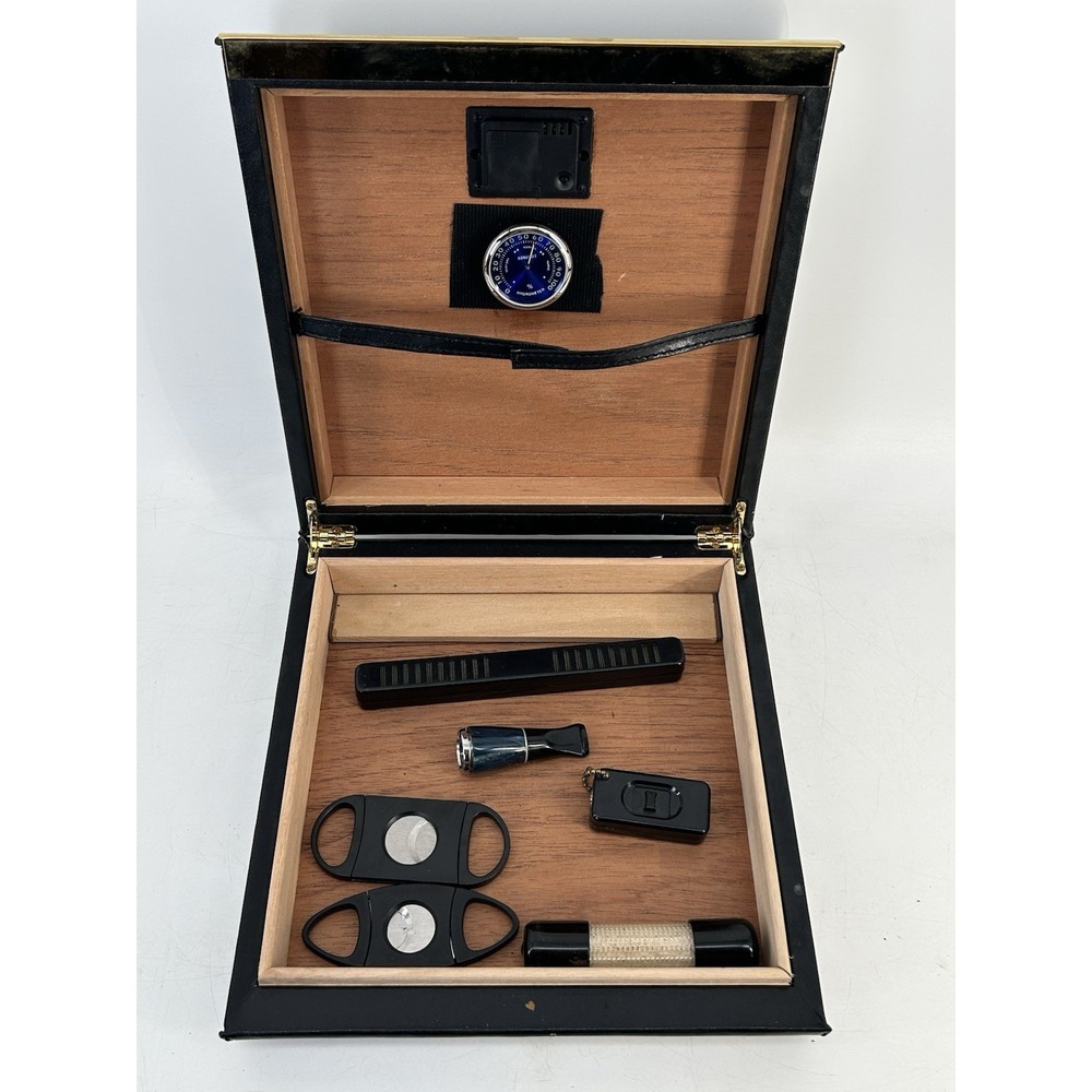 Macanudo Black Leather Cigar Humidor Hygrometer Box W/ Cigar Cutters & Acc.